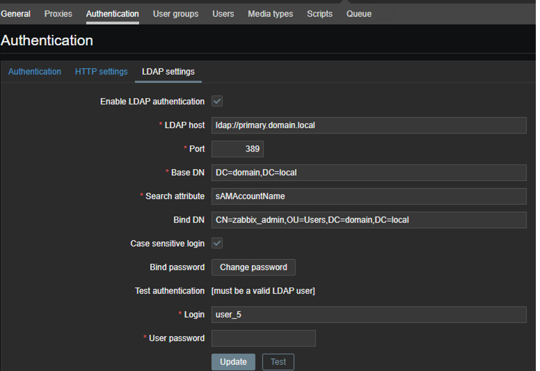 LDAP authentication settings on Zabbix 