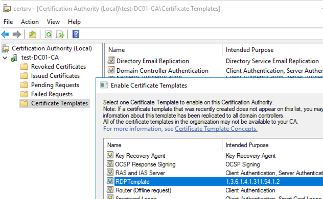 new rdp certificate template in certification authority