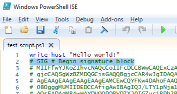 signature block in powershell script file 