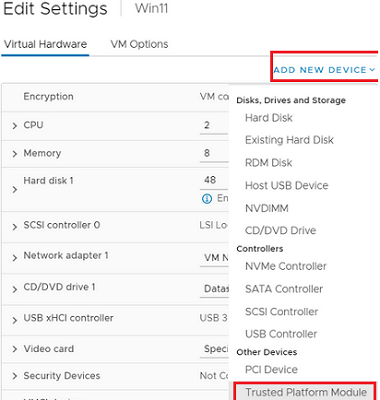 add trusted platform module to a VMware VM on ESXi