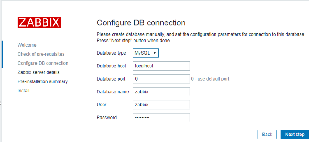 configure zabbix connection to mysql database