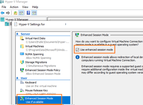 enable Enhanced Session Mode on hyper-v host