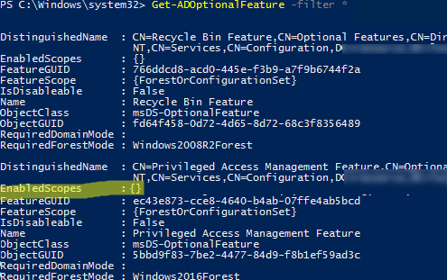 Get-ADOptionalFeature - check PAM enabled scopes