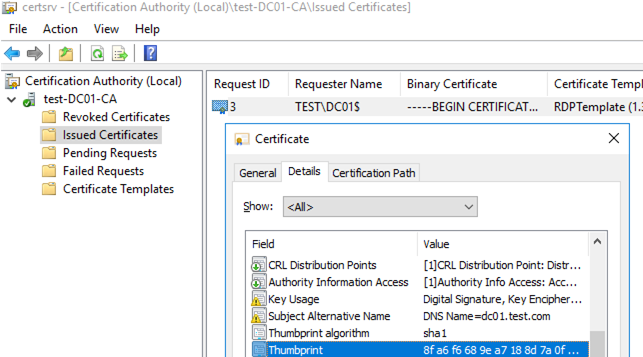 get certificate Thumbprint via the certsrv mmc console