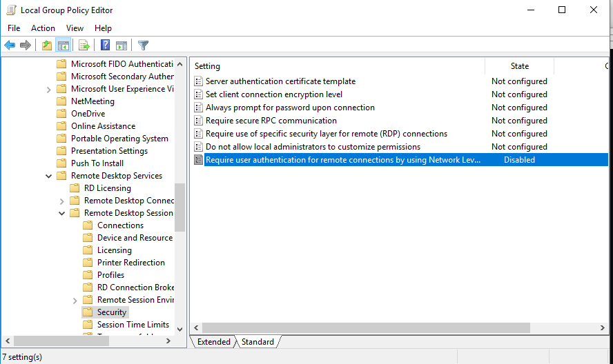 GPO: Require user authentication for remote connections by using Network Level Authentication