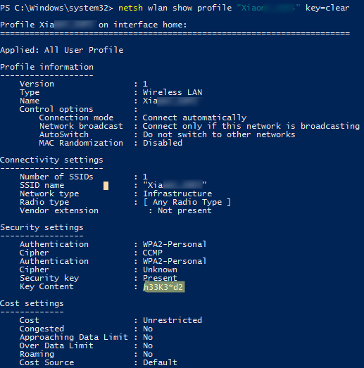 netsh wlan show profile key=clear