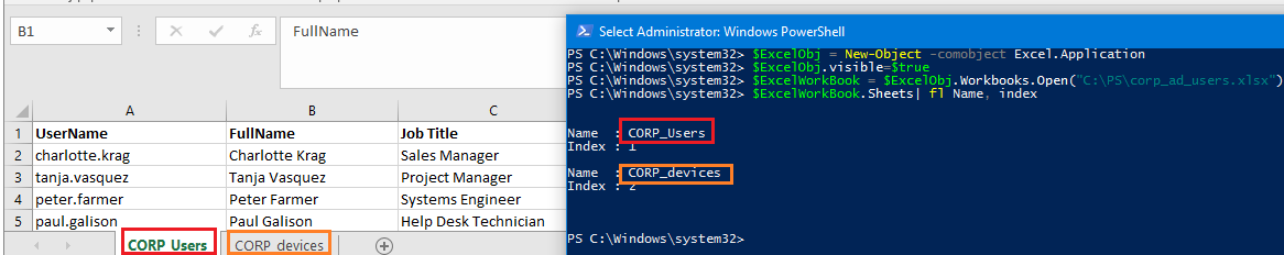 open excel file from powershell console and read data