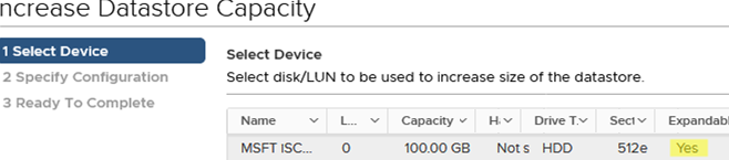 select disk or lun to increase size of the vmfs datastore