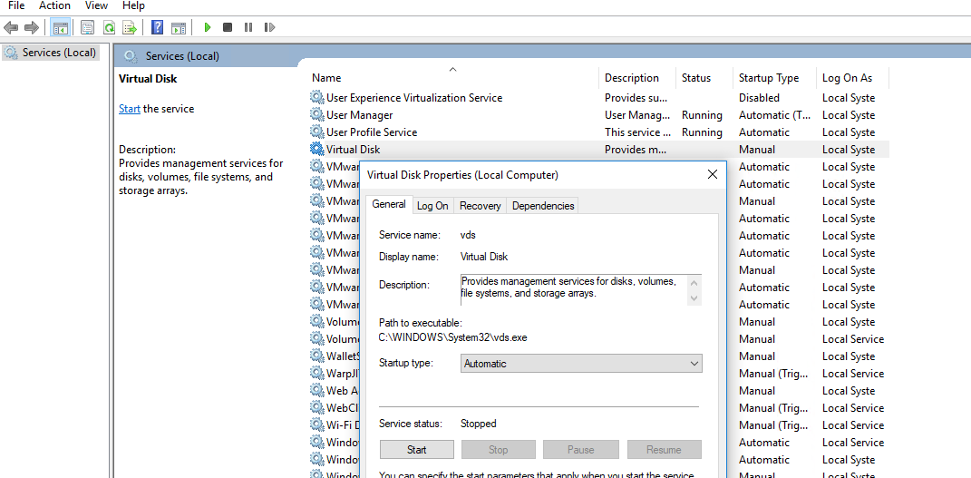 Virtual Disk service startup type
