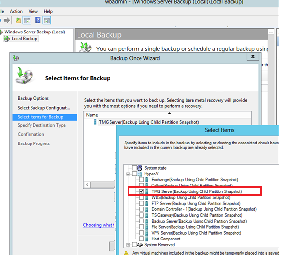 wbadmin.msc - select Hyper-V VM to backup