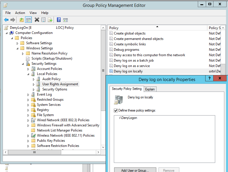 Deny log on locally policy