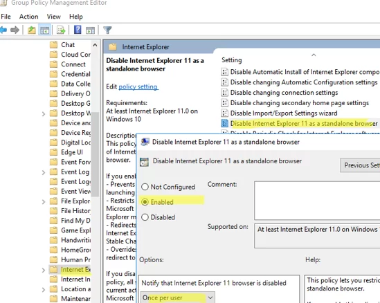 Disable Internet Explorer 11 as a standalone browser with GPO