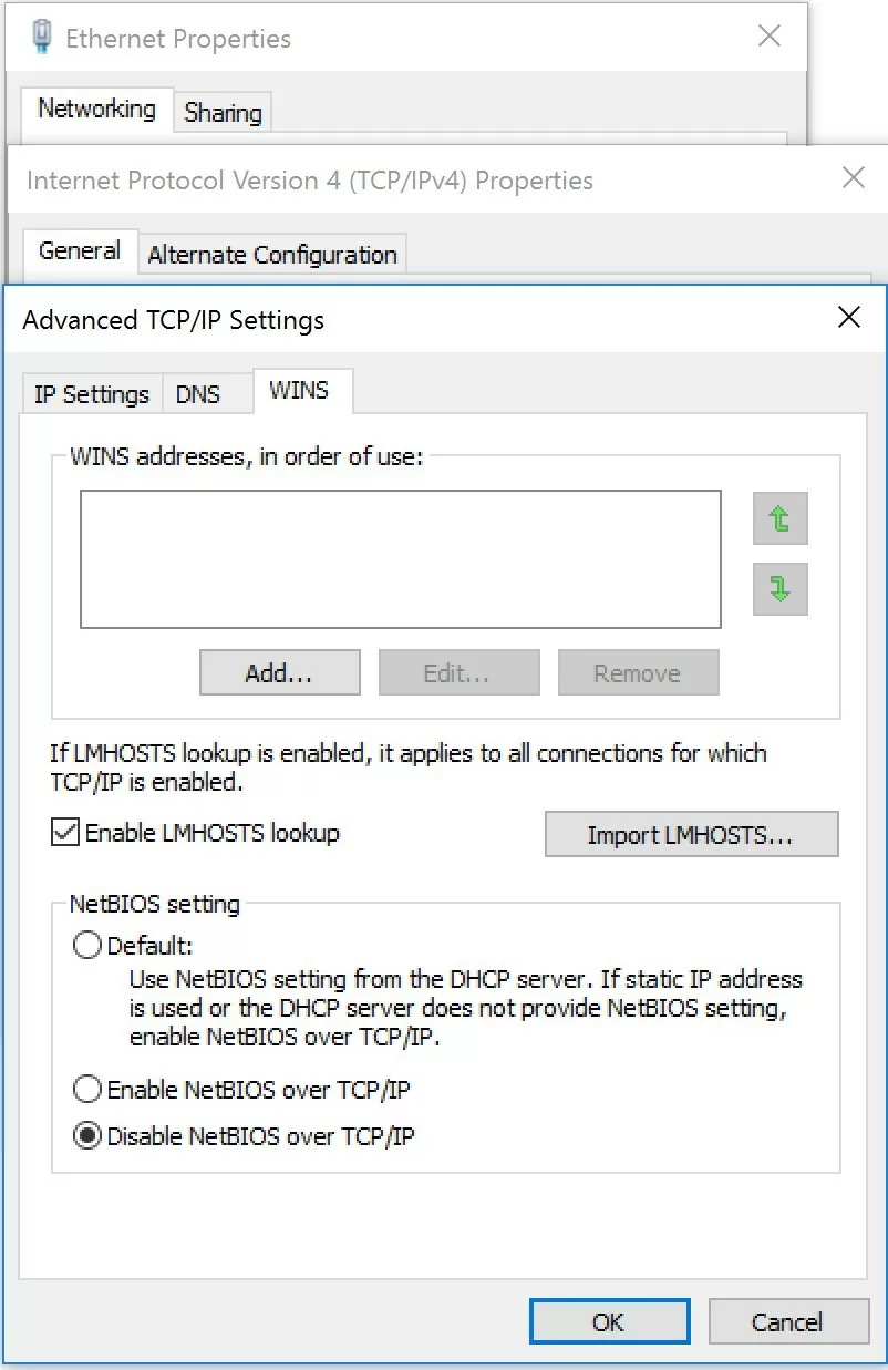 Disable NetBIOS over TCP on connection properties