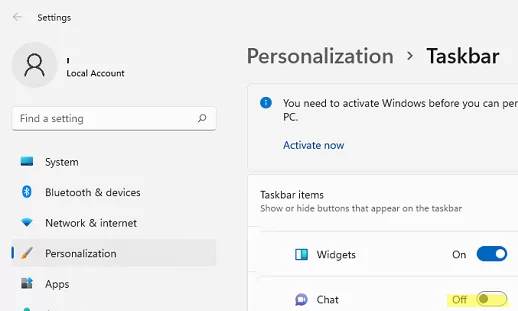 disable teams chat in windows 10 taskbar