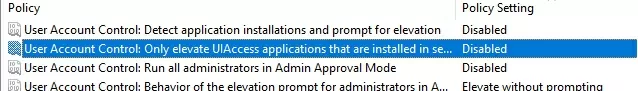 set policy settings in gpo editor to disable uac