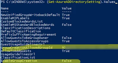 Get-AzureADDirectorySetting - GroupCreationAllowedGroupId