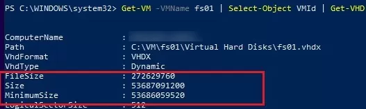get vhdx virtual disk size on hyper-v via powershell