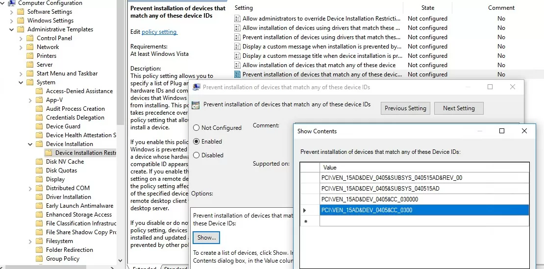 GPO: Prevent installation of devices that match any of these device IDs