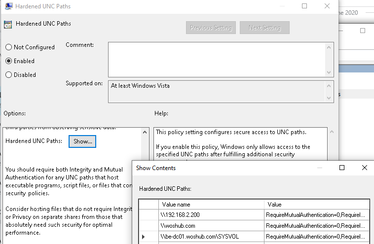 Hardened UNC Paths GPO Settings - equireMutualAuthentication and RequireIntegrity