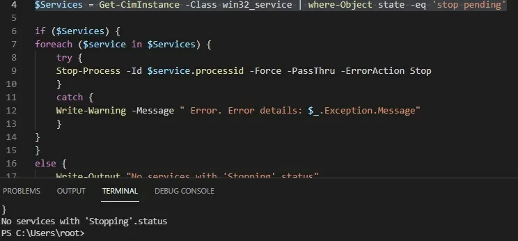 powershell script to kill stuck service process