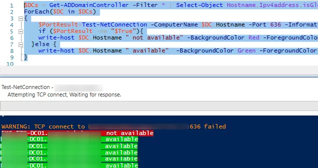 powershell script to check the reachability of all Domain Controllers